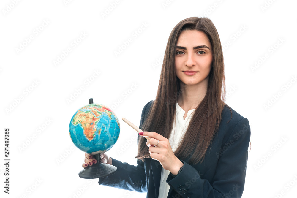 Young woman with globe in hat isolated on white Young woman with globe in hat isolated on white