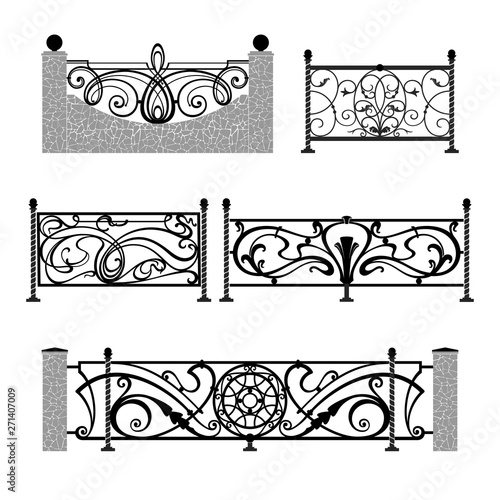 The artistic forging products. Vector set of iron fences. Isolated forged ornaments.