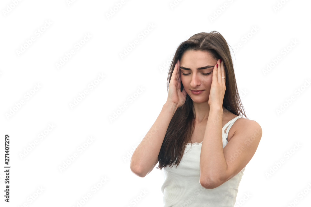Young woman with headache isolated on white Young woman with headache isolated on white