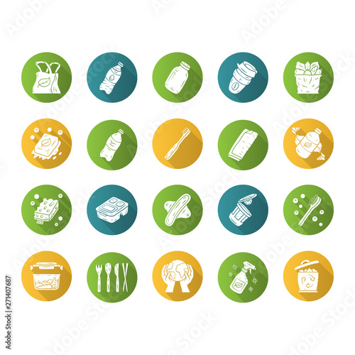 Zero waste swaps handmade flat design long shadow glyph icons set