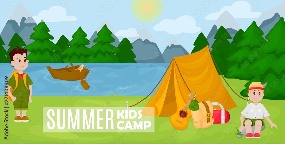 Naklejka premium Summer kids camp poster scout vector illustration.
