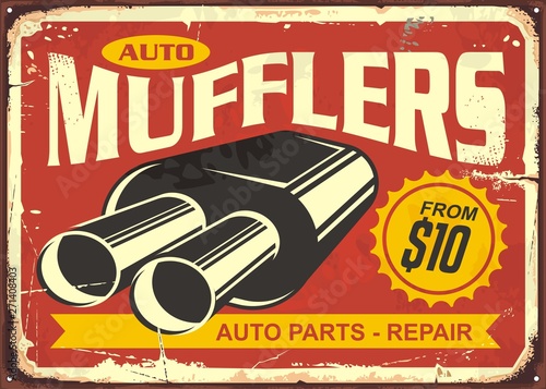 Auto mufflers retro tin sign design. Auto parts and car repair vintage poster. Exhaust pipe systems and service. Transportation vector image.