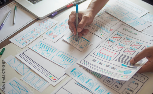 Obraz na płótnie Website designer Creative planning application developer development draft sketch drawing template layout prototype framework wireframe design studio . User experience concept .