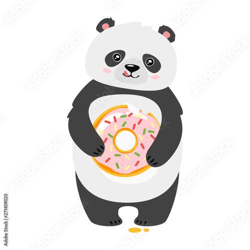 Cute panda eating donut flat vector illustration