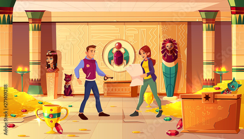 Quest escape room, Egypt pharaoh tomb with people. Man with key and woman with map searching exit from treasury with sarcophagus, gold coins, gems and ancient artifacts. Cartoon vector illustration