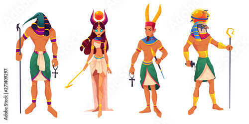 Egyptian gods Amun, Ra, Thoth, Hathor. Ancient Egypt deities and mythological creatures with religion attributes isolated on white background. Culture sacred characters. Cartoon vector illustration