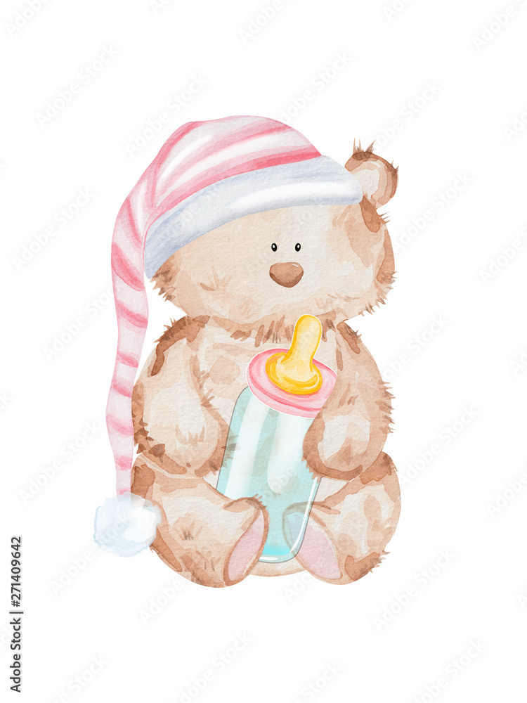 Cute watercolor teddy bear with child bottle. Baby shower illustration