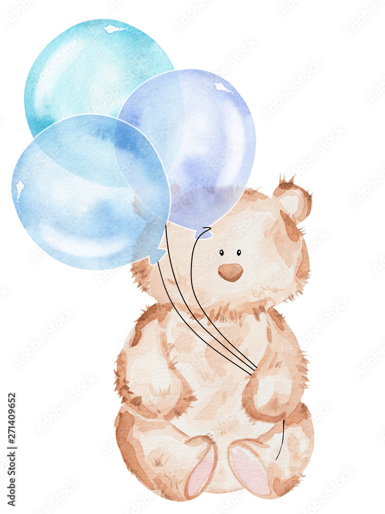 Watercolor teddy bear toy with balloons. Happy Birthday illustration ...