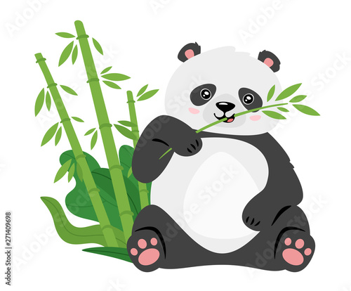 Cute panda eating bamboo stems flat vector illustration