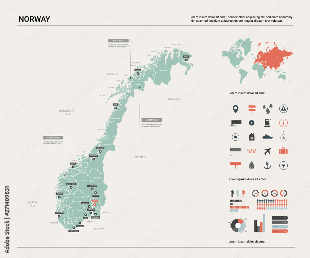 Fototapeta Vector map of Norway. Country map with division, cities and capital Oslo. Political map,  world map, infographic elements.
