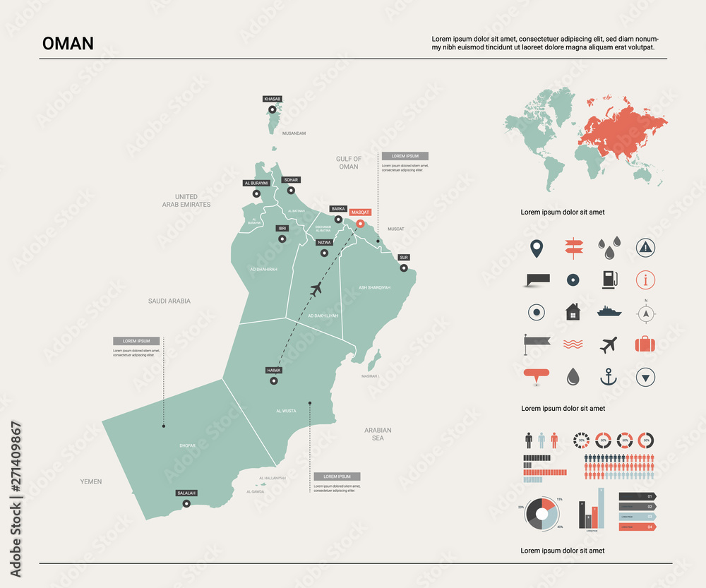 Vector map of Oman. Country map with division, cities and capital