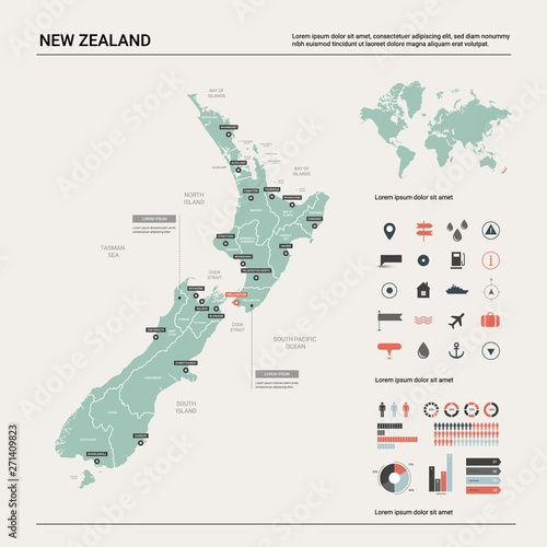 Vector map of New Zealand. Country map with division, cities and capital Wellington. Political map, world map, infographic elements.
