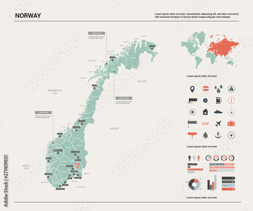 Vector map of Norway. Country map with division, cities and capital Oslo. Political map, world map, infographic elements.