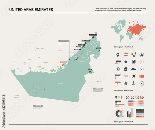 Vector map of United Arab Emirates. Country map with division, cities and capital Abu Dhabi. Political map, world map, infographic elements.