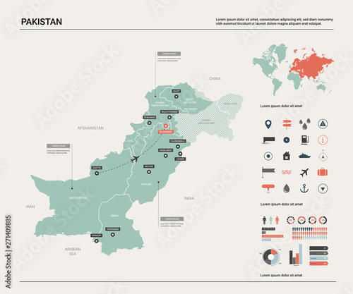 Vector map of Pakistan. Country map with division, cities and capital Islamabad. Political map, world map, infographic elements.