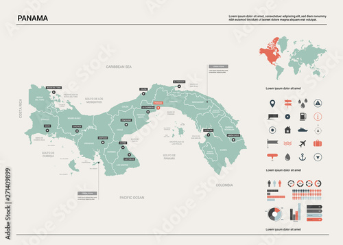 Vector map of Panama. Country map with division, cities and capital. Political map, world map, infographic elements.