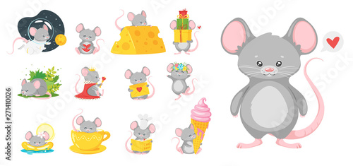Baby mice flat vector illustrations set