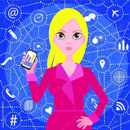 Girl in a business suit, an office employee. SMM-manager. Flat style on blue background.