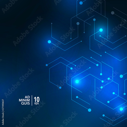 Abstract glow connect shapes on dark blue background. Connection structure with geometric modern technology concept. Vector illustration