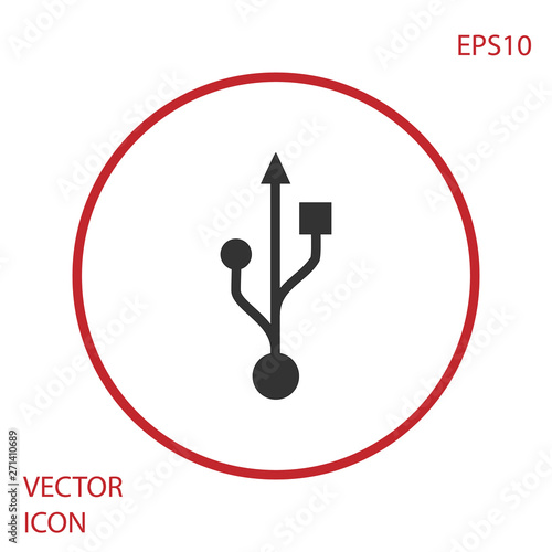 Grey USB symbol icon isolated on white background. Red circle button. Vector Illustration
