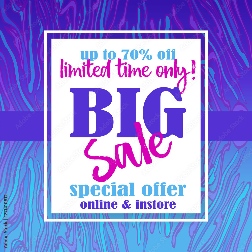 Fototapeta premium Big sale flayer template for web and print with neon waves marble pattern background in purple blue colors. Creative vector design, future concept