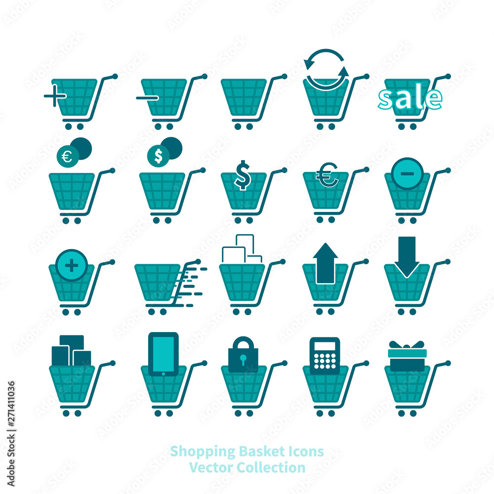 Shopping basket icons vector set for web and print, online shop symbols, in blue and white. Shopping basket icons vector set for web and print, online shop symbols, in blue and white.