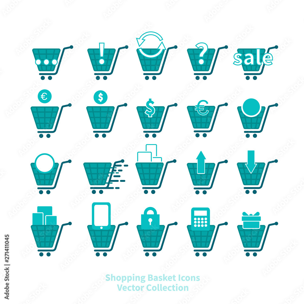 Shopping basket icons vector set for web and print, online shop symbols, in blue and white. Shopping basket icons vector set for web and print, online shop symbols, in blue and white.