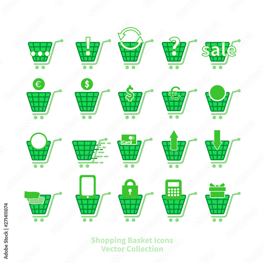 Shopping basket icons vector set for web and print, online shop symbols, in blue and white.