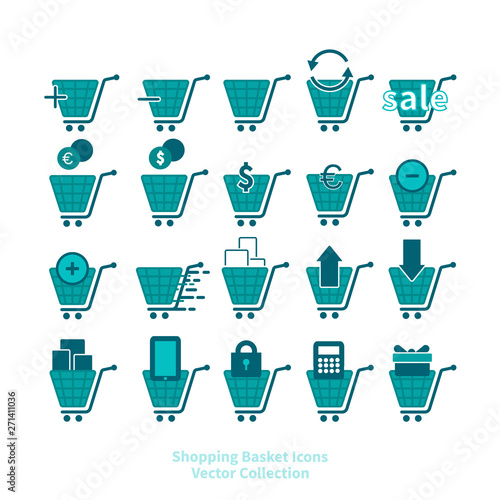 Shopping basket icons vector set for web and print  online shop symbols  in blue and white.