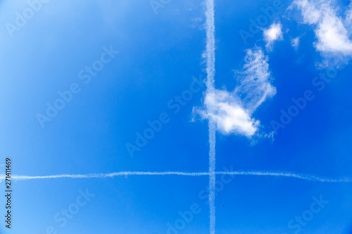 White trail of the plane in the sky  inversion  imagine.