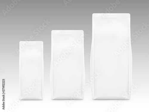 Packages of coffee of different sizes. Front view. Vector illustration isolated on white background. Can be use for your design, presentation, promo, ad. EPS10. 
