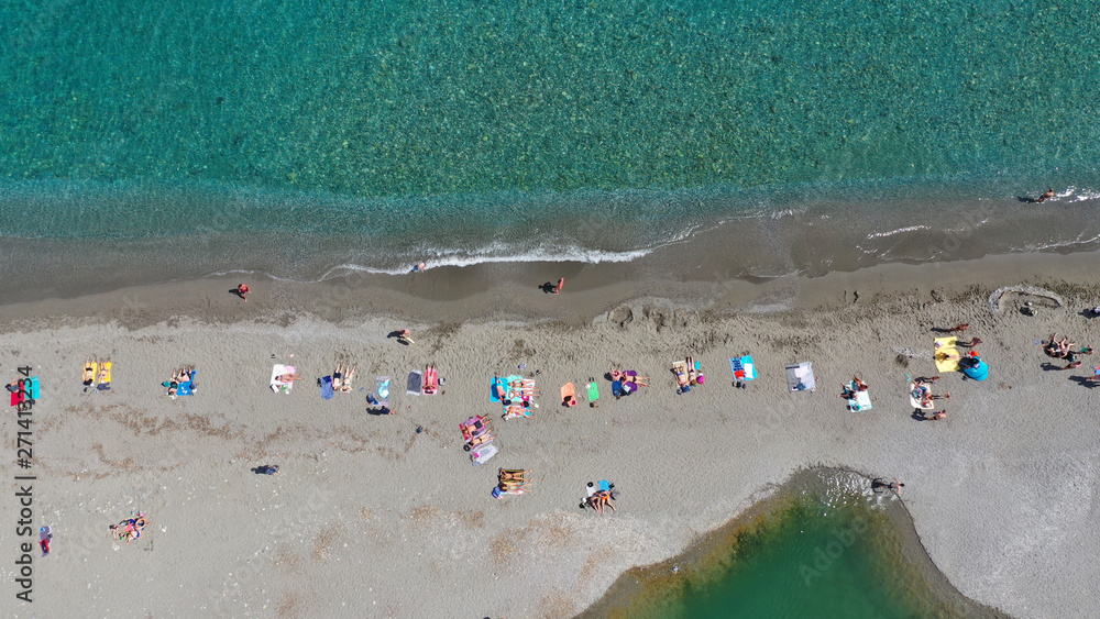 Aerial drone panoramic view of Preveli paradise palm beach and lagoon with Palm trees in the South from city of Rethymno, Crete, Greece Aerial drone panoramic view of Preveli paradise palm beach and lagoon with Palm trees in the South from city of Rethymno, Crete, Greece