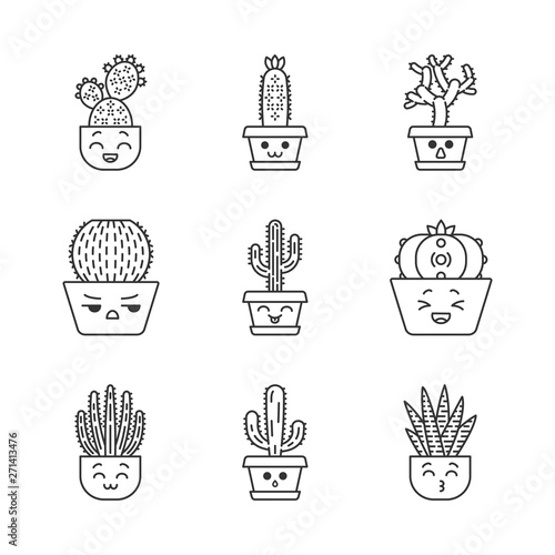 Cactuses cute kawaii linear characters