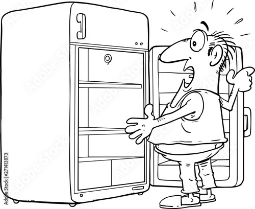 Shocked man looking into empty refrigerator