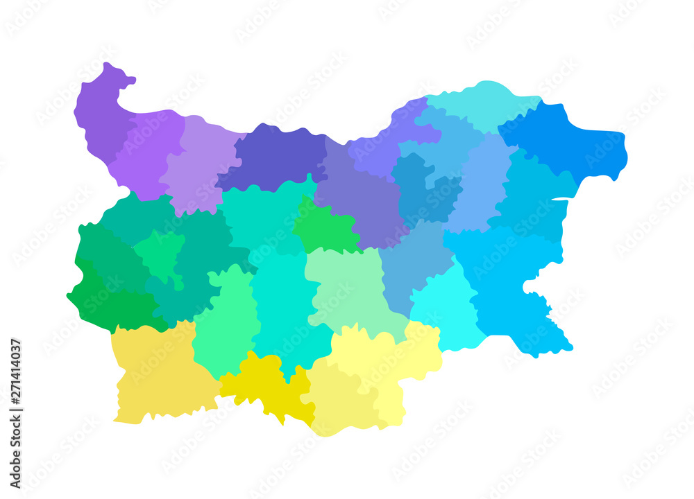 Vector isolated illustration of simplified administrative map of Bulgaria. Borders of the regions. Multi colored silhouettes