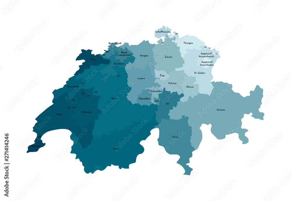 Vector isolated illustration of simplified administrative map of Switzerland. Borders and names of the regions. Colorful blue khaki silhouettes