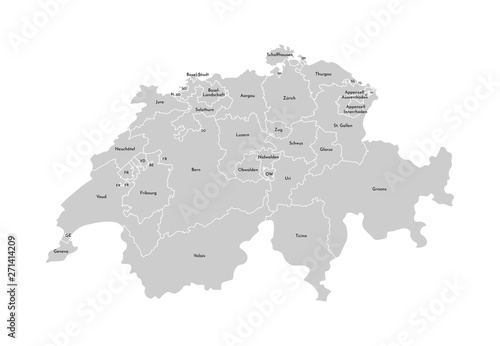 Vector isolated illustration of simplified administrative map of Switzerland. Borders and names of the provinces (regions). Grey silhouettes. White outline.