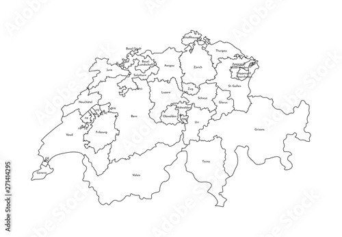 Vector isolated illustration of simplified administrative map of Switzerland. Borders and names of the regions. Black line silhouettes