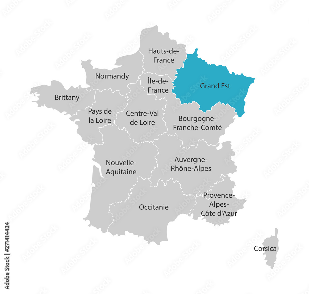 Vector isolated illustration of simplified administrative map of France. Blue shape of Grand Est. Borders of the provinces (regions). Grey silhouettes. White outline