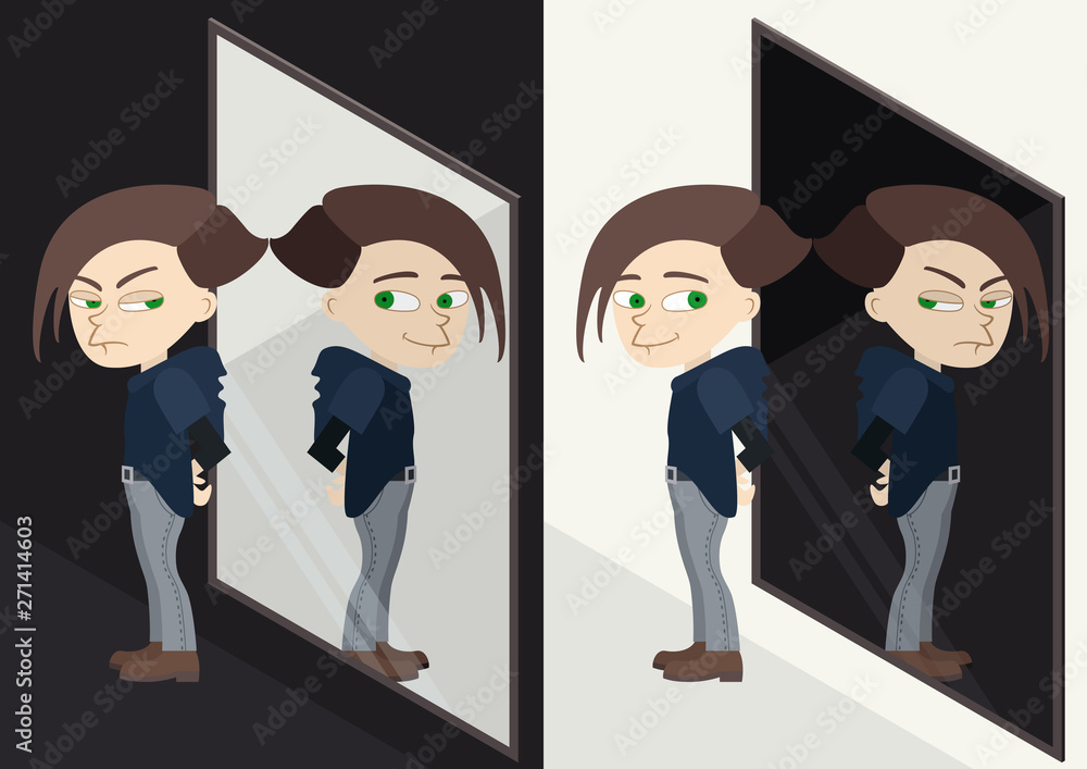 Good or bad character reflected in the mirror. Alter ego or emotions