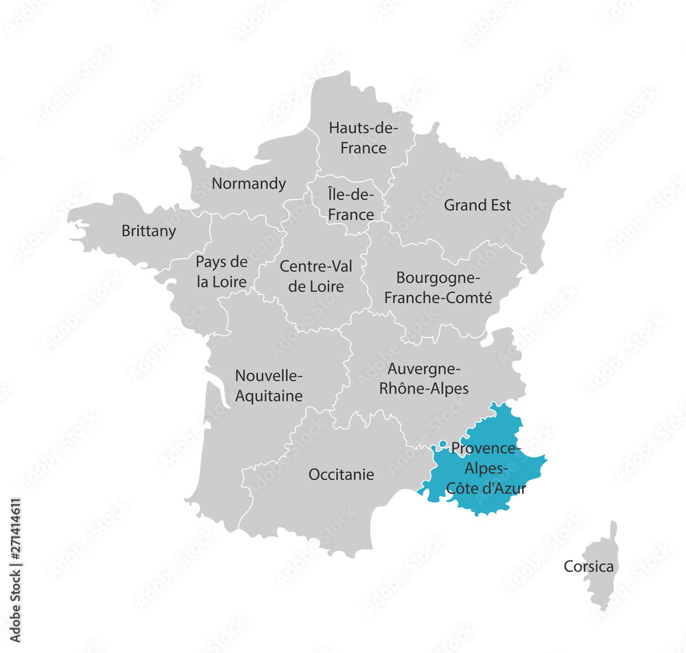Vector isolated illustration of simplified administrative map of France. Blue shape of Provence-Alpes-Côte d'Azur. Borders of the provinces (regions). Grey silhouettes. White outline