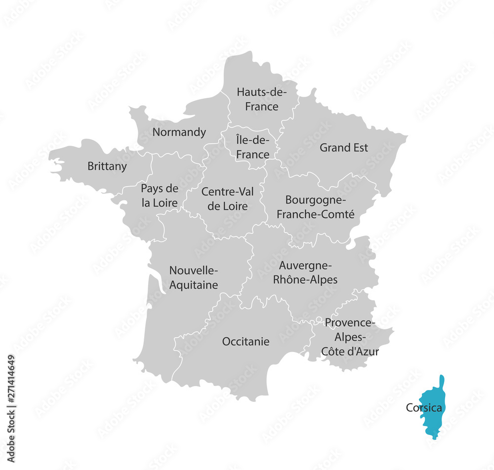 Vector isolated illustration of simplified administrative map of France. Blue shape of Corsica. Borders of the provinces (regions). Grey silhouettes. White outline