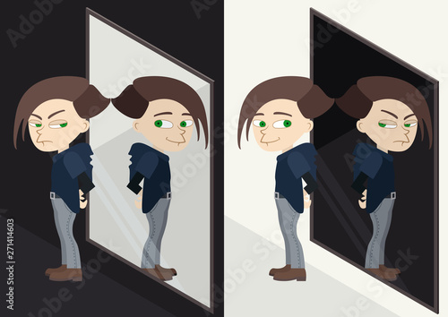 Good or bad character reflected in the mirror. Alter ego or emotions/ Illustration psychological concept good boy before the mirror and his bad reflection plus contrariwise version