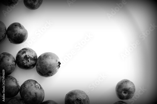 Fresh blueberry on a white plate close up. Top view black and white