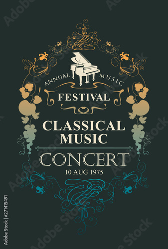 Vector poster for a concert of classical music with grand piano and vignette in vintage style on the black background
