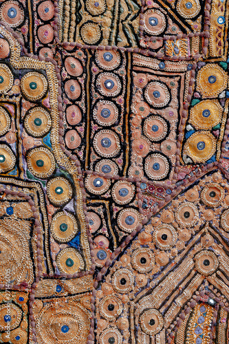 Detail old patchwork carpet, India. Close up