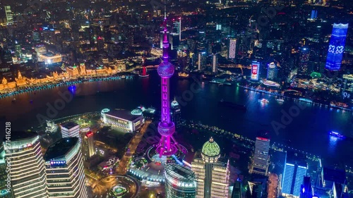 hyperlapse Aerial drone scene timelapse skyline of Shanghai China at night