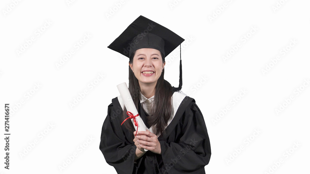 Graduate female student wearing graduation hat and gown isolated on white background. happy new fresh woman finish education university going to work hope future trend. college girl showing diploma Graduate female student wearing graduation hat and gown isolated on white background. happy new fresh woman finish education university going to work hope future trend. college girl showing diploma