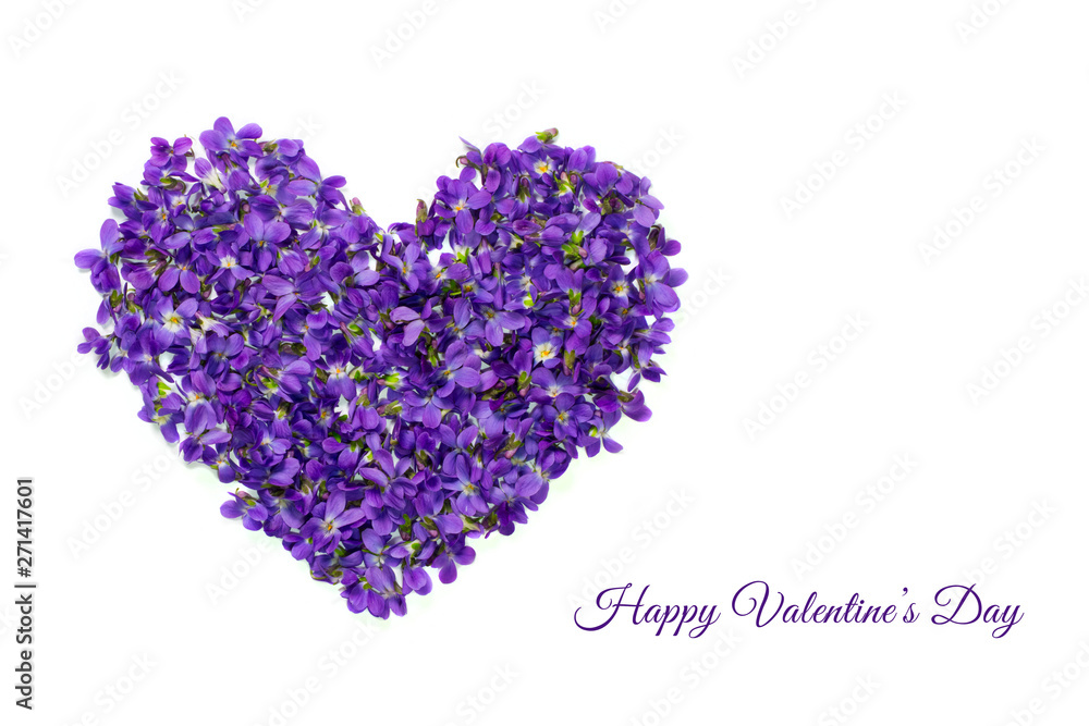 Valentines day card. Heart shape flowers. Violets love symbol isolated on white background. Template for greeting card, web design