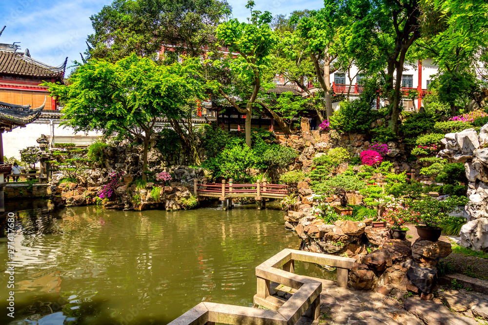 Details of the historic Yuyuan Garden during summer sunny day in Shanghai, China